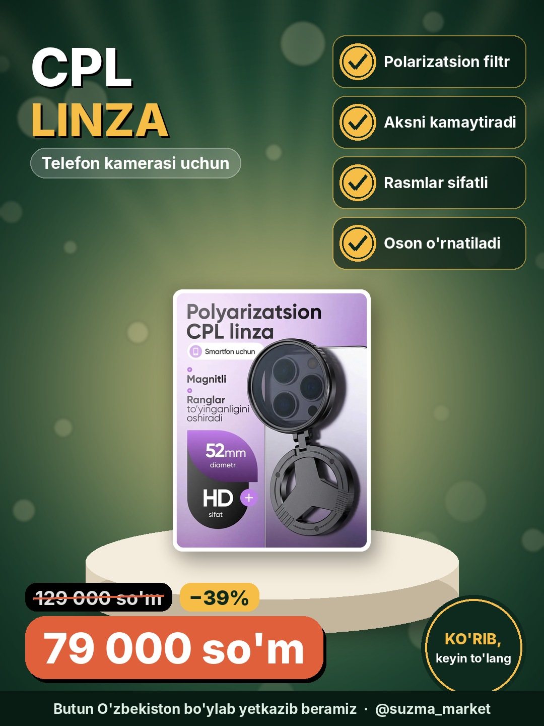 Telefonlar uchun polarizatsion CPL linza, kamera linzalari uchun filtr