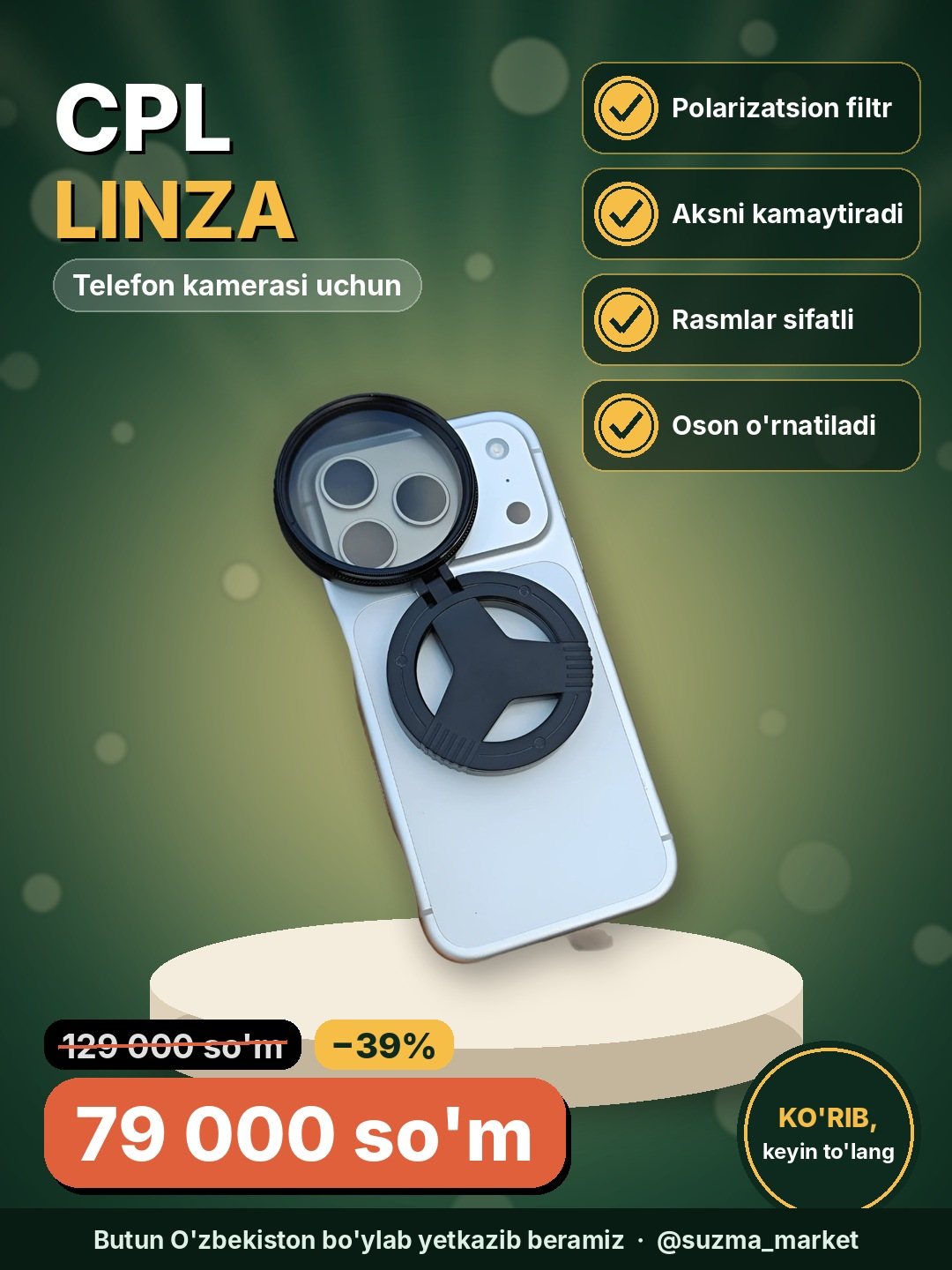 Telefonlar uchun polarizatsion CPL linza, kamera linzalari uchun filtr