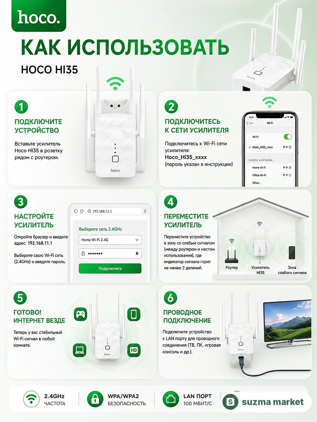 Hoco Wi-Fi signal kuchaytirgichi - 4 ta antenna, barqaror internet va keng qamrovli hudud — rasm 2