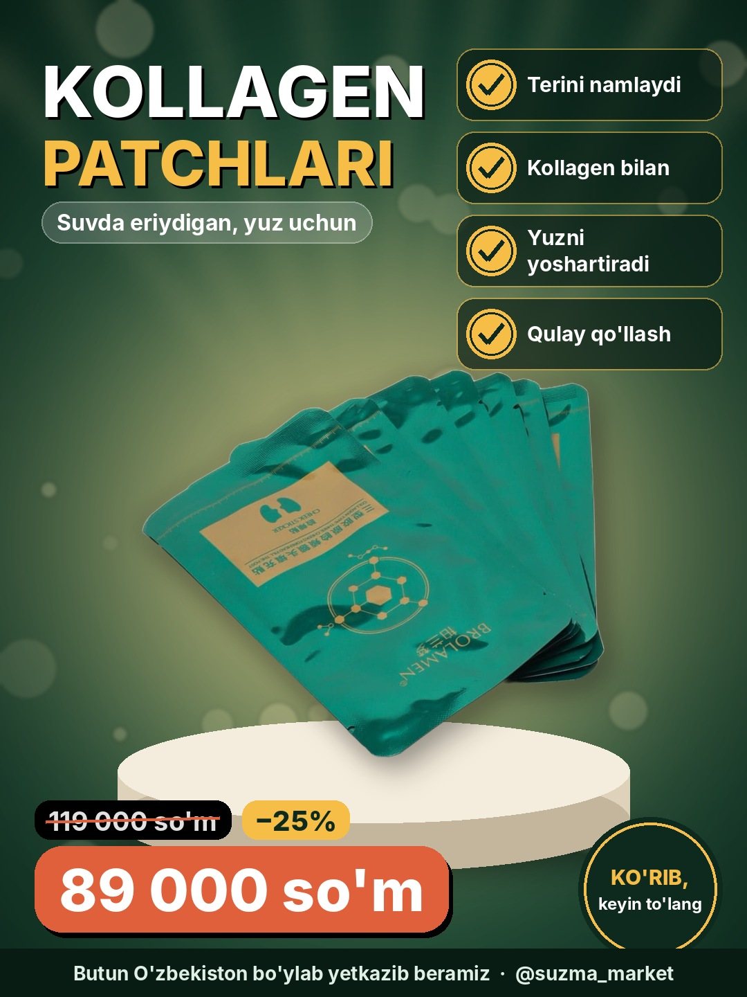 Suvda eriydigan kollagen, yuz patchilari