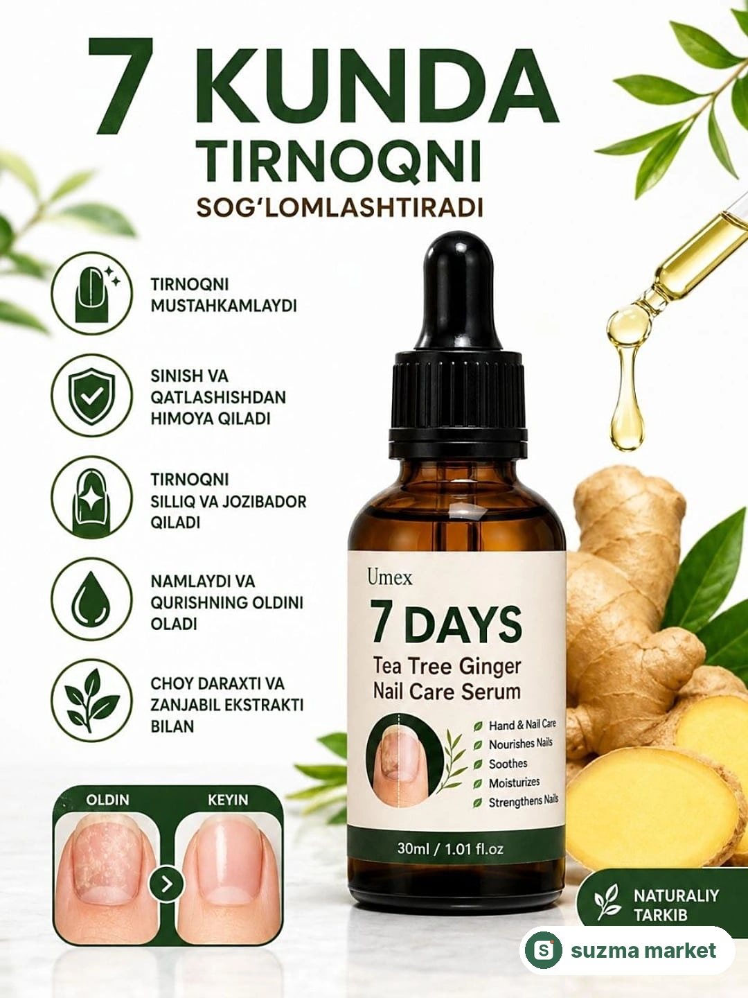 Tirnoq va kutikula uchun choy daraxti va zanjabil ekstraktli mustahkamlovchi moy, 30 ml — rasm 2