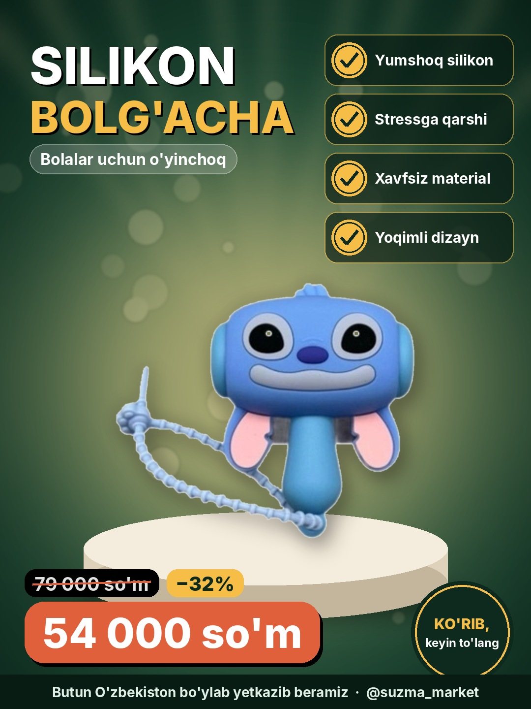 Yoqimli dizaynga ega silikon bolg‘acha, bolalar uchun kesuvchi va stressga qarshi o‘yinchoq