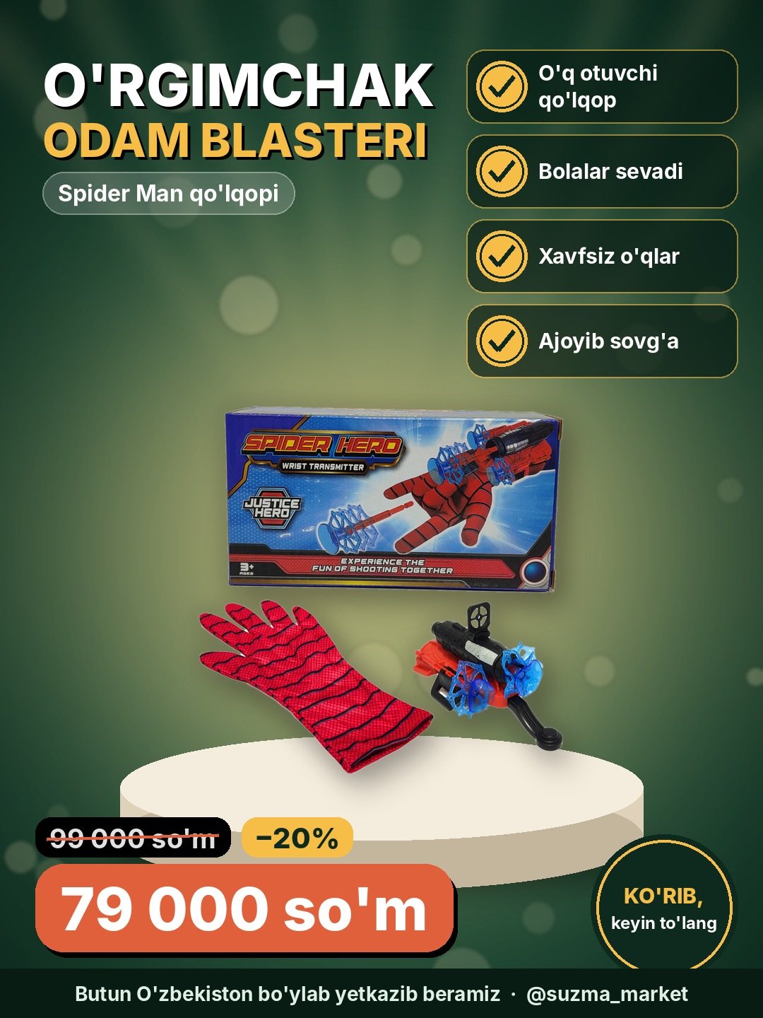O'rgimchak odam blasteri o'q otuvchi qo'lqop - bolalar uchun Spider Man o'yinchog'i