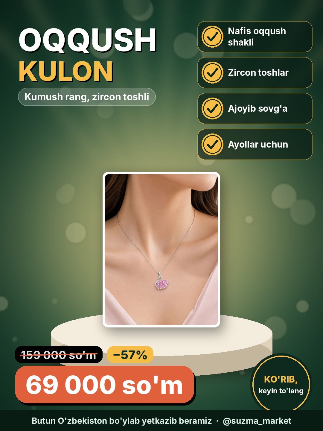 Oqqush kulonli ayollar sepochkasi – kumush rang, zircon toshli