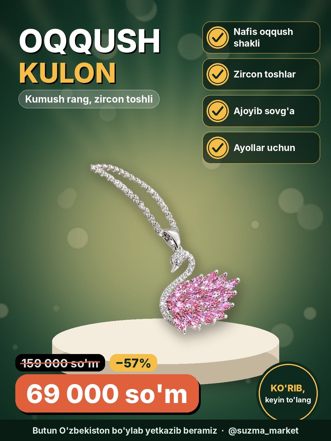 Oqqush kulonli ayollar sepochkasi – kumush rang, zircon toshli