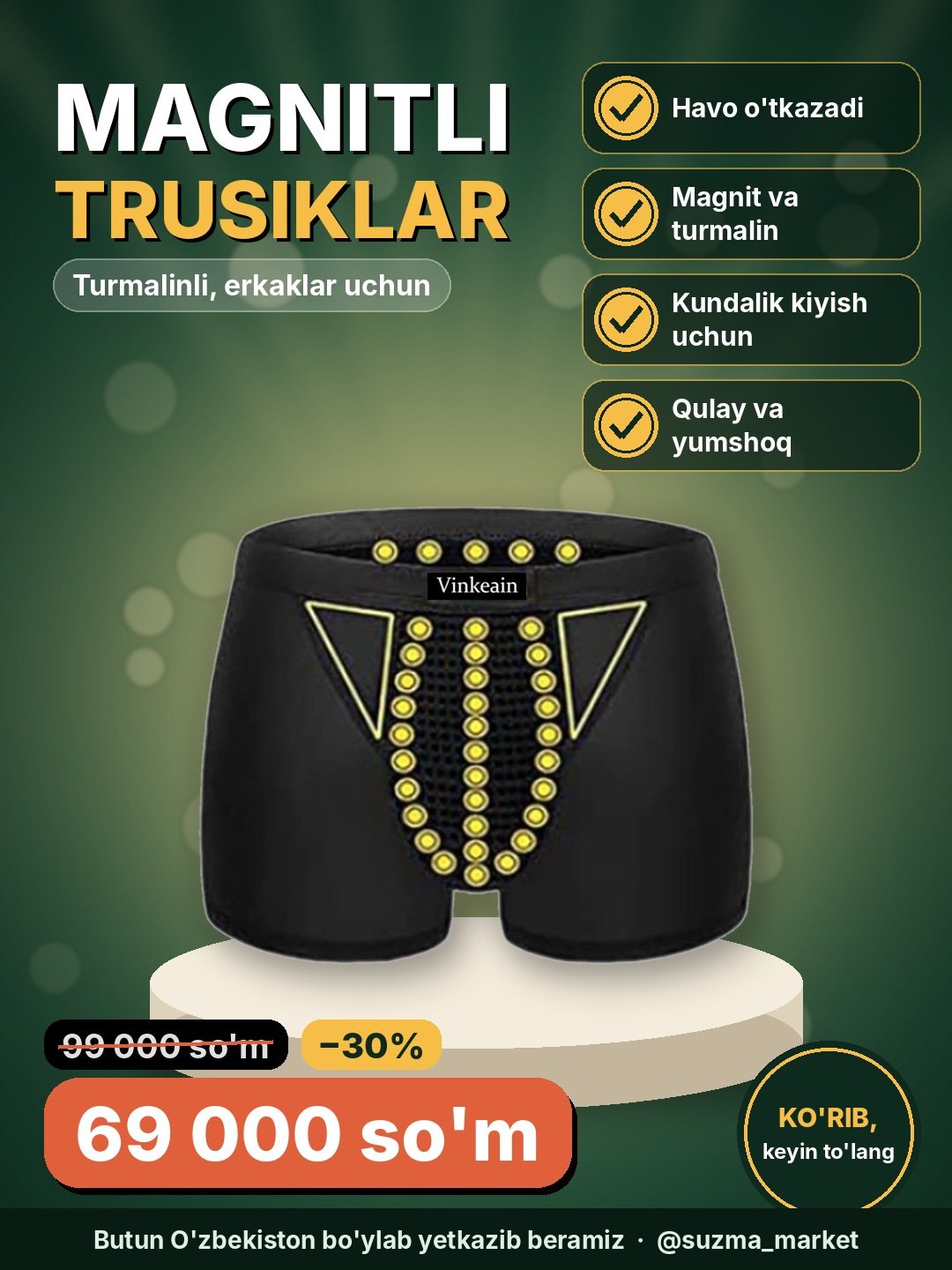 Erkaklar uchun magnit va turmalinli trusiklar, tanaga havo o'tkazuvchi (malomerka)