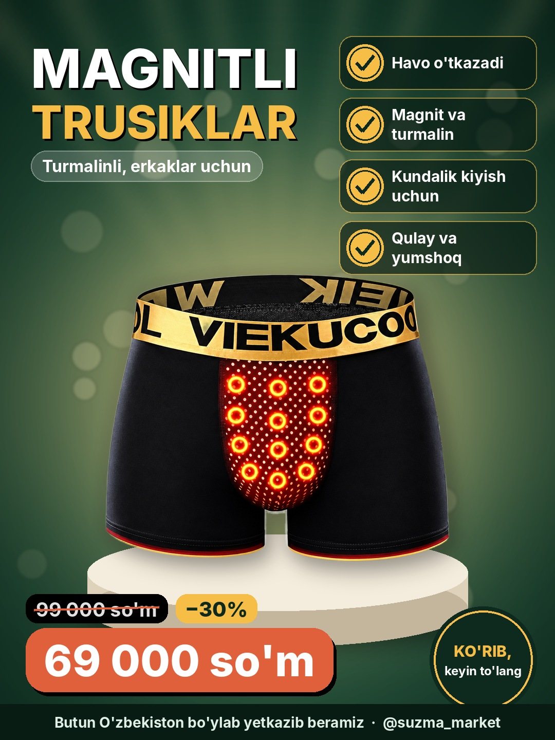 Erkaklar uchun magnit va turmalinli trusiklar, tanaga havo o'tkazuvchi (malomerka)
