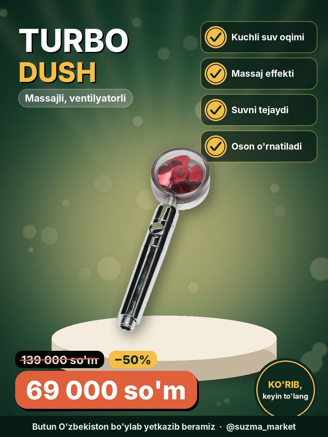 Dush uchun turbo sug'orish, massajli, ventilyatorli