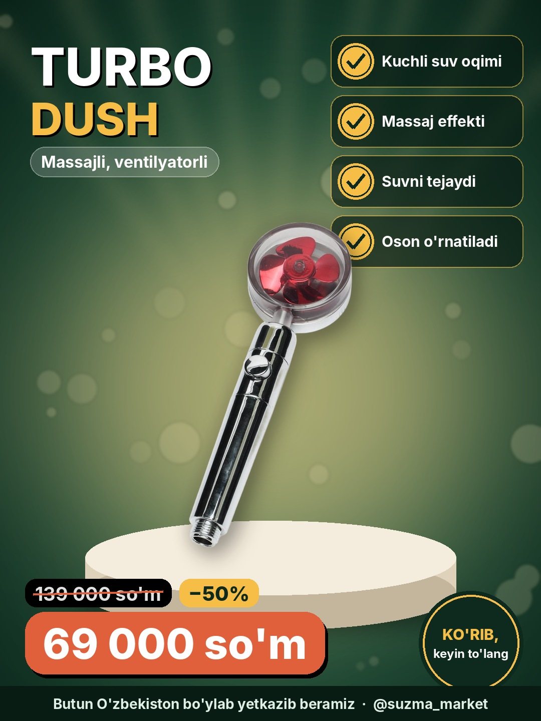 Dush uchun turbo sug'orish, massajli, ventilyatorli