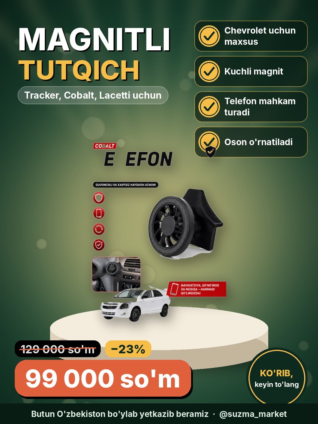 Chevrolet avtomobillari uchun magnitli telefon tutqichi (Tracker, Cobalt va Lacetti uchun)