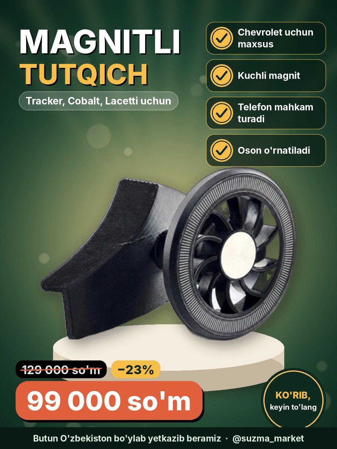 Chevrolet avtomobillari uchun magnitli telefon tutqichi (Tracker, Cobalt va Lacetti uchun)