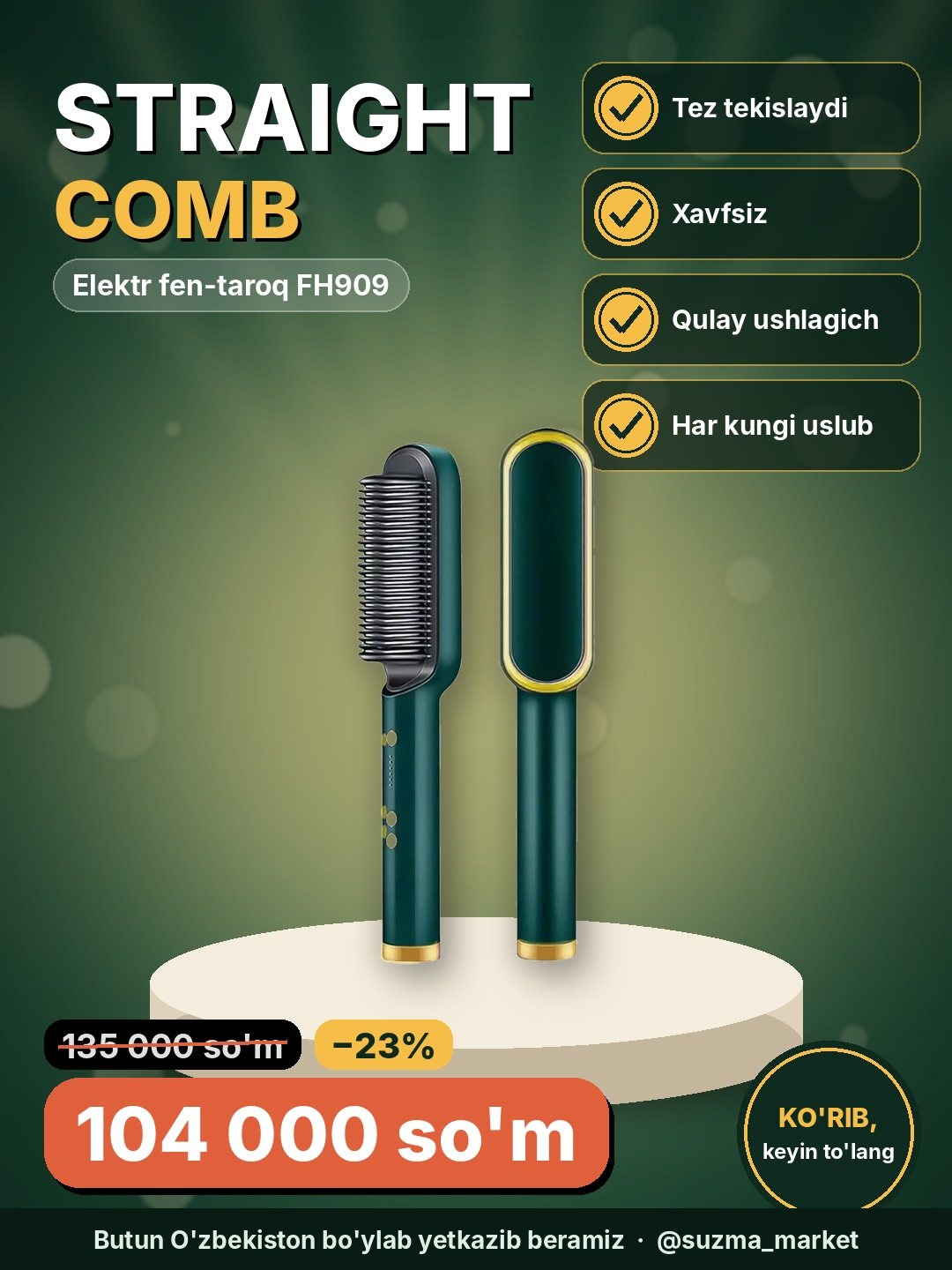 Sochlar uchun elektr fen taroq STRAIGHT COMB FH909 - Tez va xavfsiz tekislash