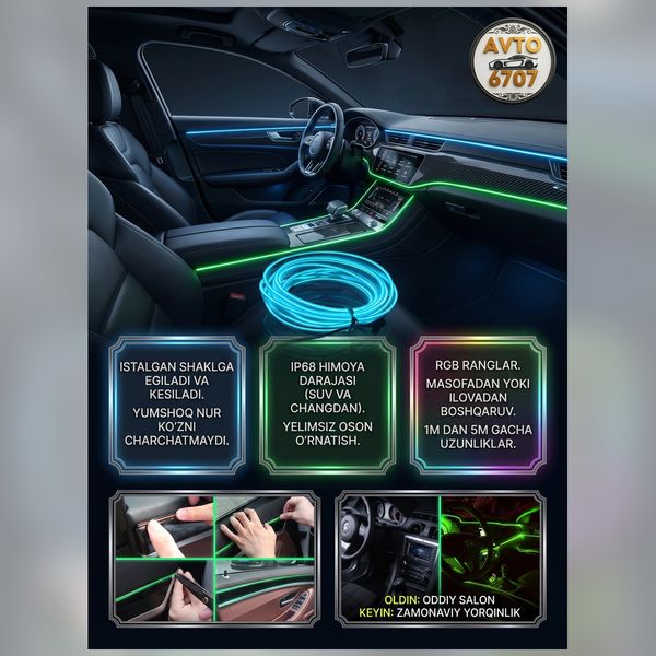 Avtomobil uchun neon RGB lenta, salon yoritgichi, mobil ilova va pult orqali boshqaruv